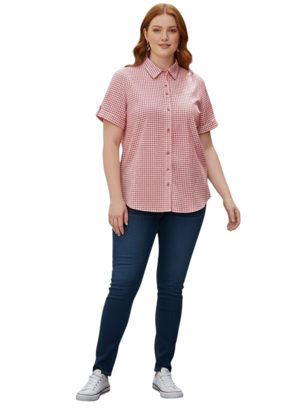 Liz Claiborne Plus Size XXL Peach Gingham Button-Front Short Sleeve Shirt